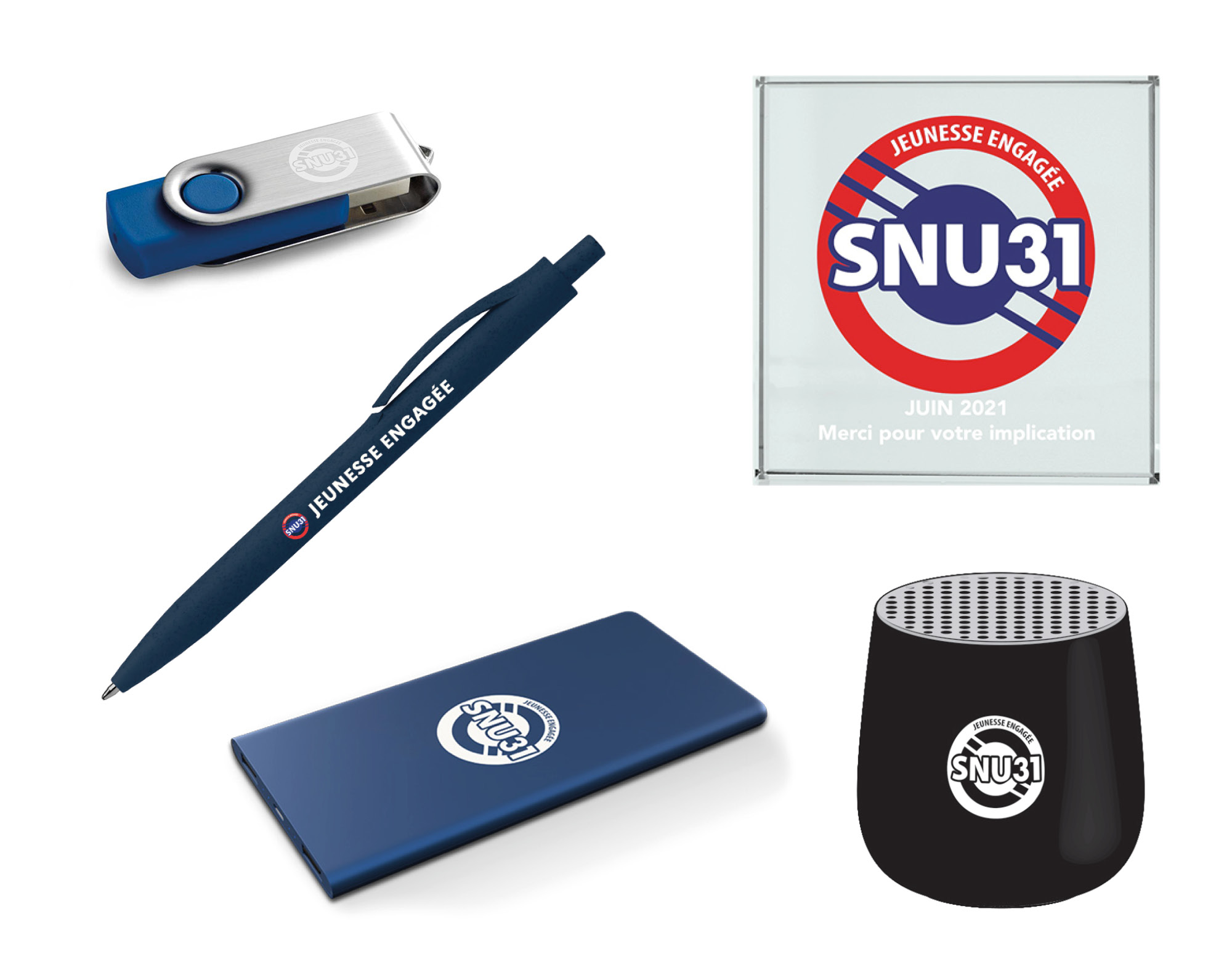 Déclinaisons du logo SNU31 sur divers supports : cadre photo, règlement intérieur, cahier patriotique, patch, stylo, trophée, batterie externe, kakémono, bâche…